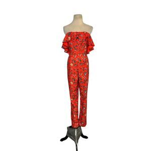 Gianni Bini red green floral strapless ruffled jumpsuit size 6
